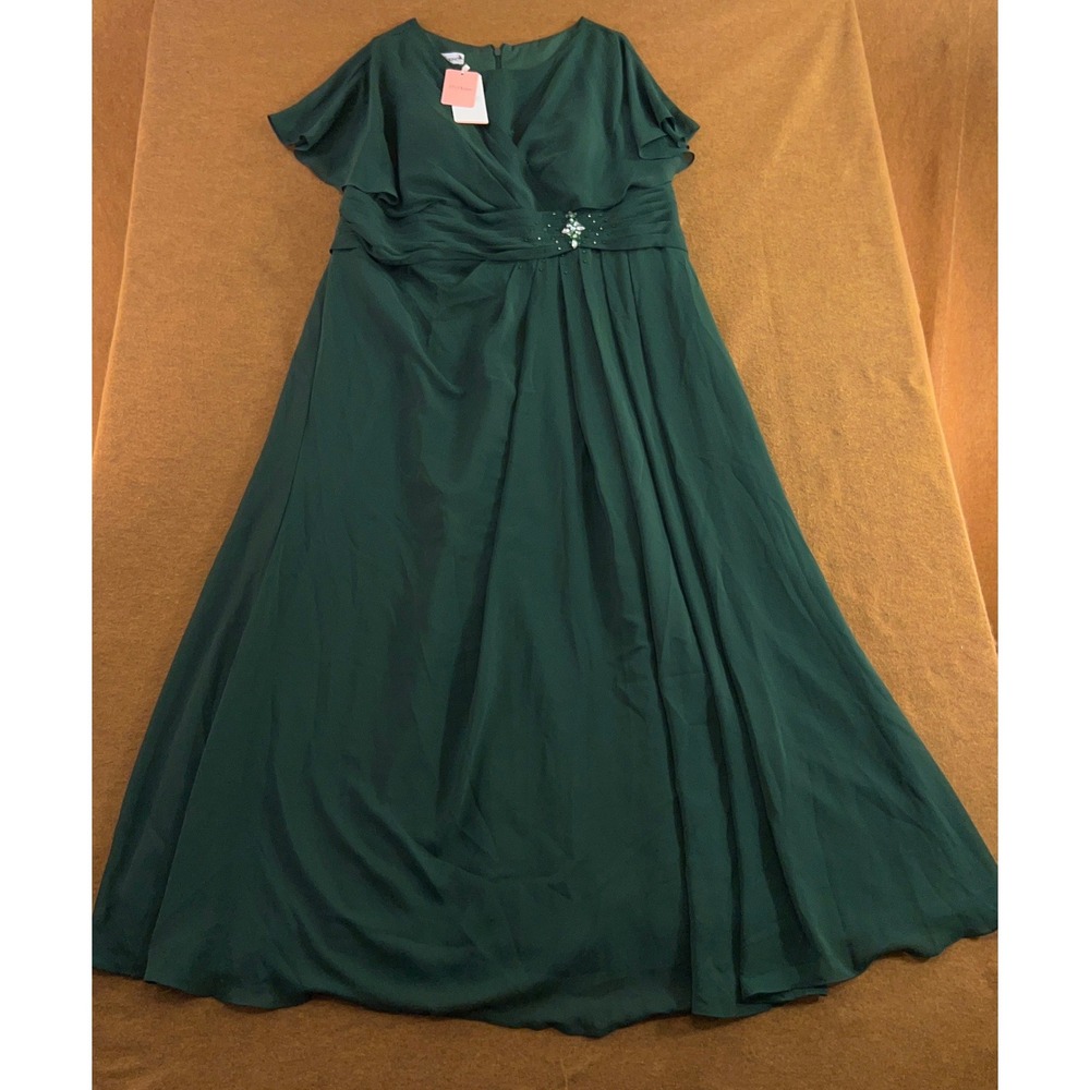 JJ's House Womens 22W Hunter Green Rhinestone Flutter Sleeve Maxi Dress NWT